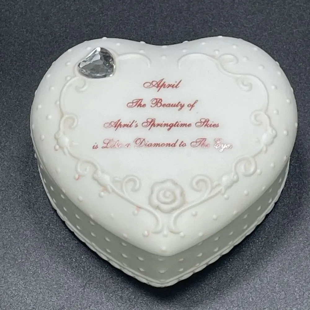 Vtg April's Springtime Skies Porcelain White Heart-Shaped Trinket Box Embossed
